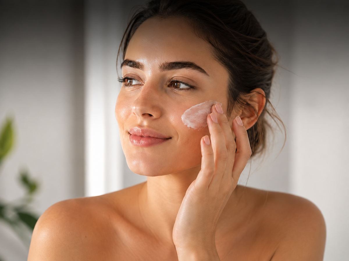 Mujer aplicándose crema facial en la mejilla con los dedos.