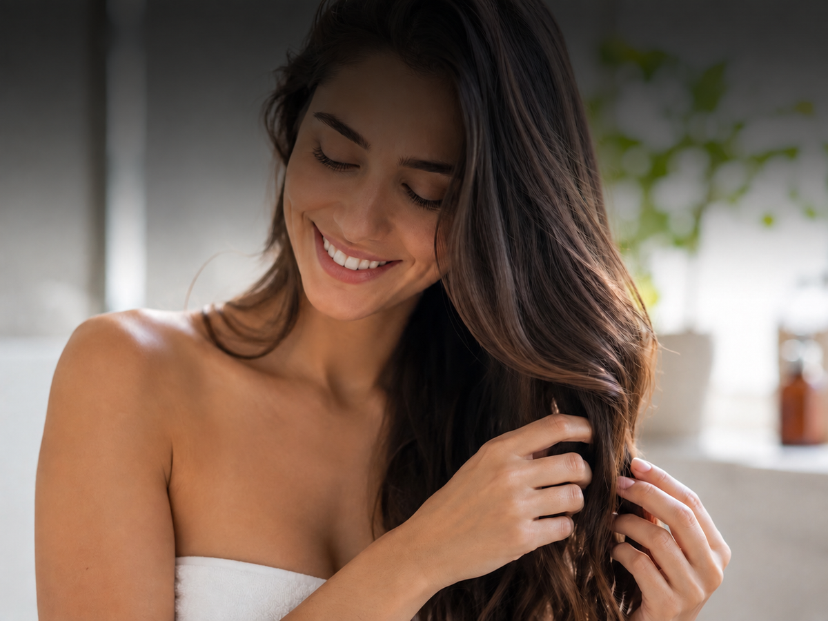 Mujer con una toalla blanca, acariciándose el cabello largo y castaño.