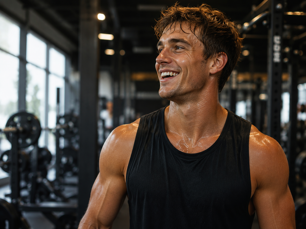 Hombre con camiseta deportiva negra, sonriendo en un gimnasio.