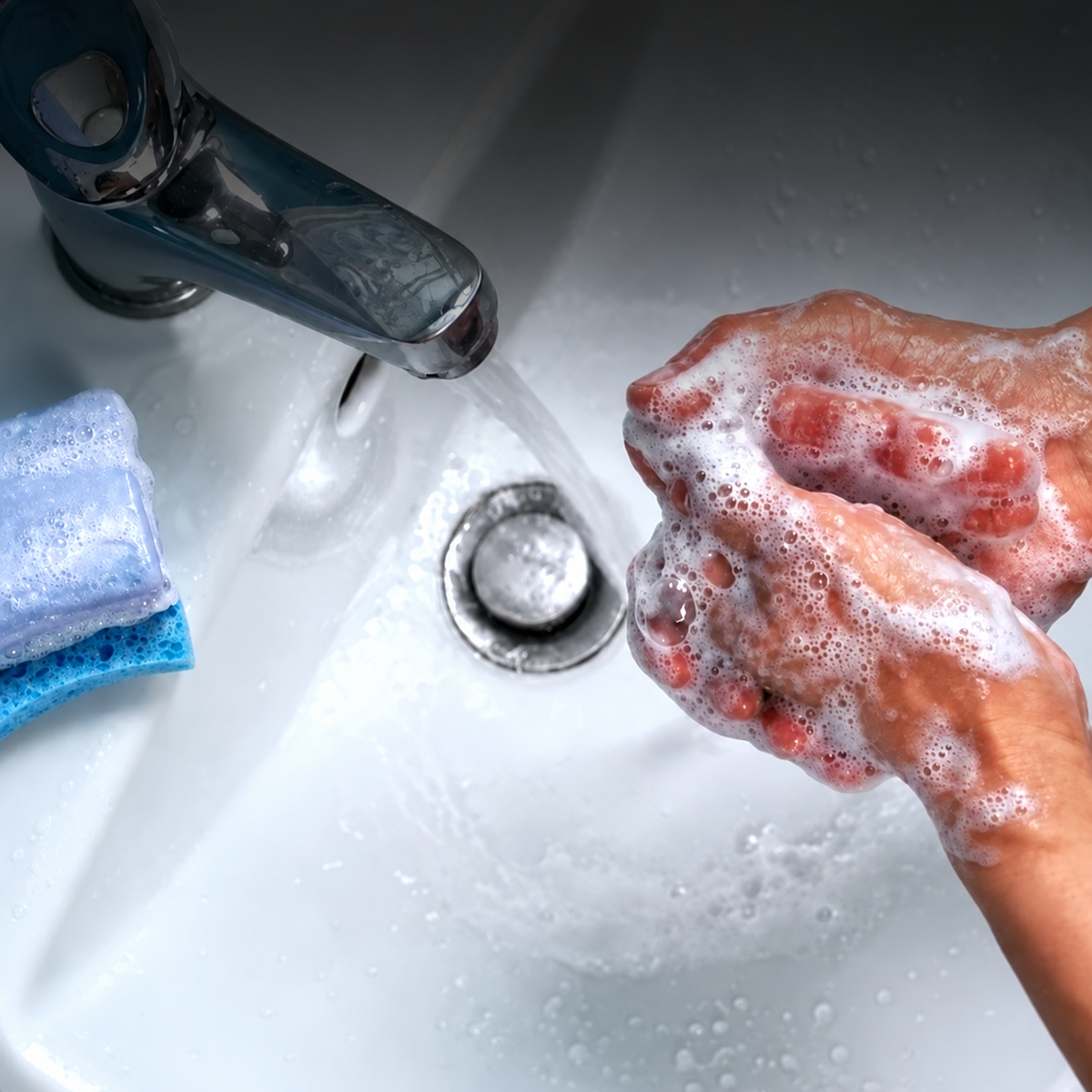 Manos lavándose con jabón bajo el agua del grifo de un lavabo.