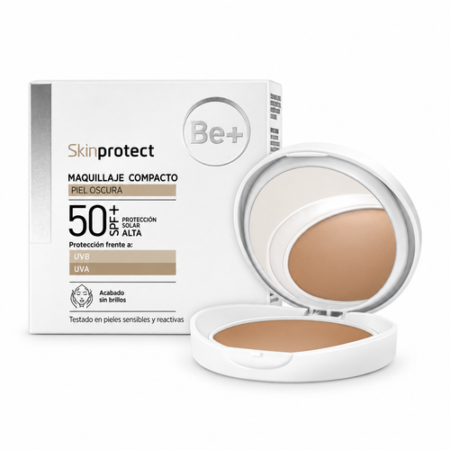 Be+ Skinprotect Maquillaje Compacto Piel Oscura, con estuche abierto y caja.