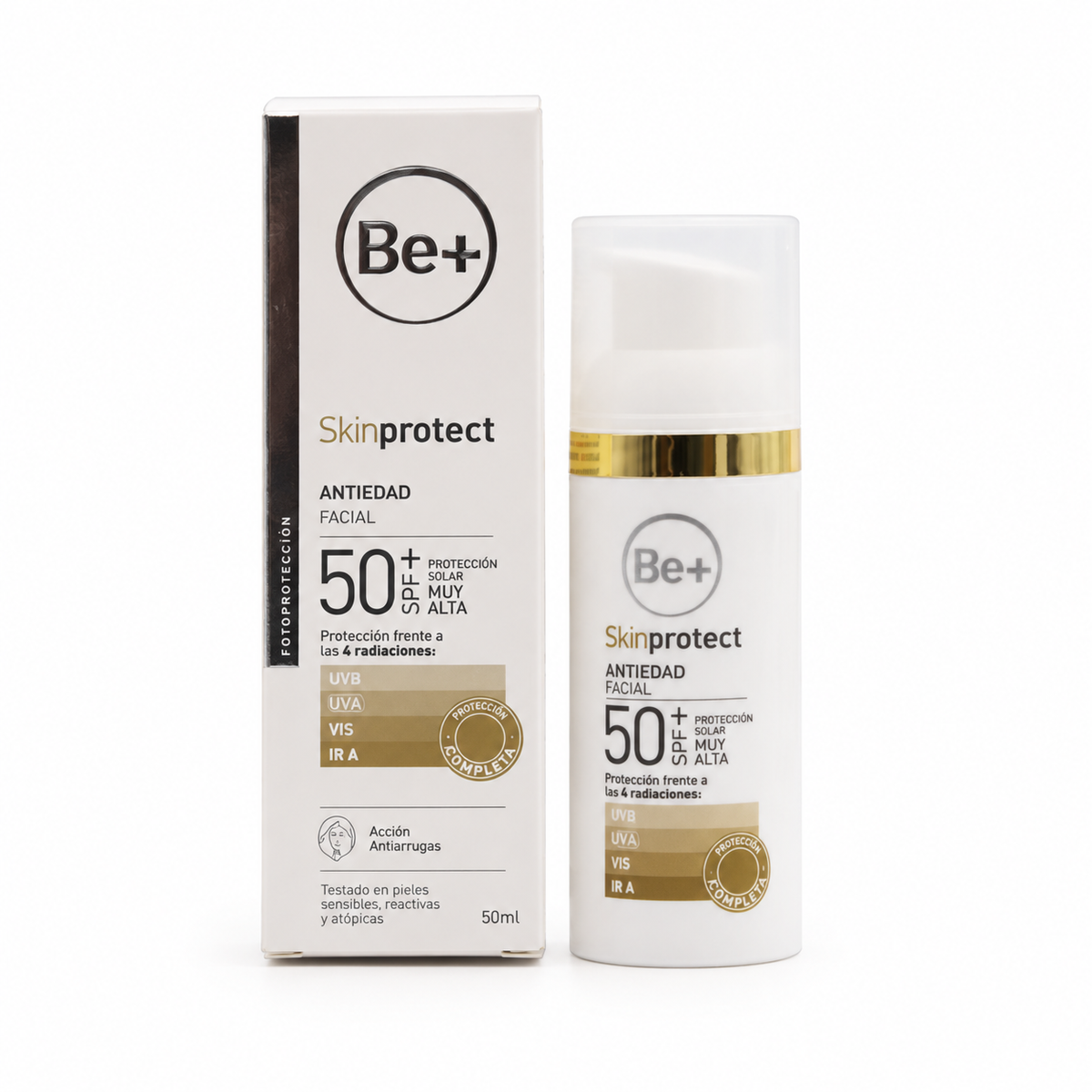 Caja y frasco de Be+ Skinprotect Antiedad Facial SPF50+ de 50 ml.