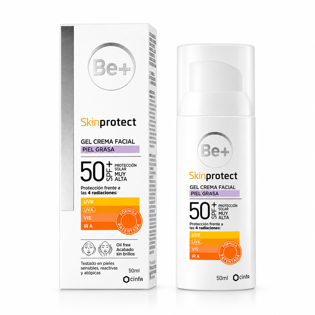 Caja y frasco de Be+ Skinprotect Gel Crema Facial Piel Grasa SPF50+ de 50 ml.