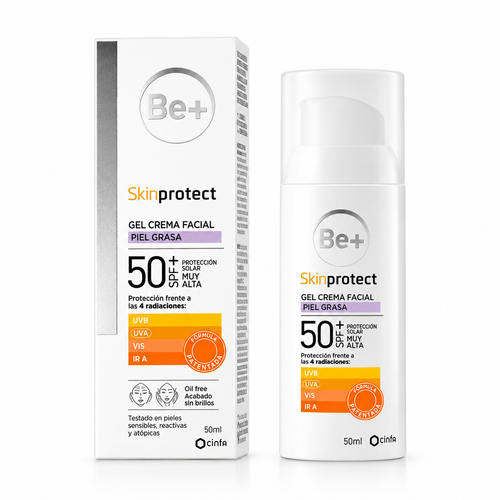 Caja y frasco de Be+ Skinprotect Gel Crema Facial Piel Grasa SPF50+ de 50 ml.