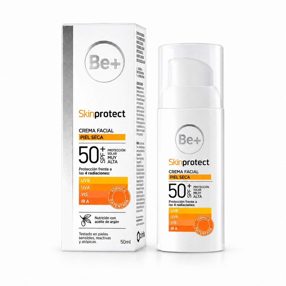 Caja y frasco de Be+ Skinprotect Crema Facial Piel Seca SPF50+ de 50 ml.