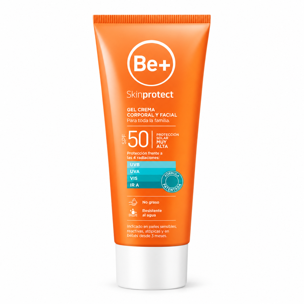 Tubo naranja de Be+ Skinprotect Gel Crema Corporal y Facial con tapón blanco.