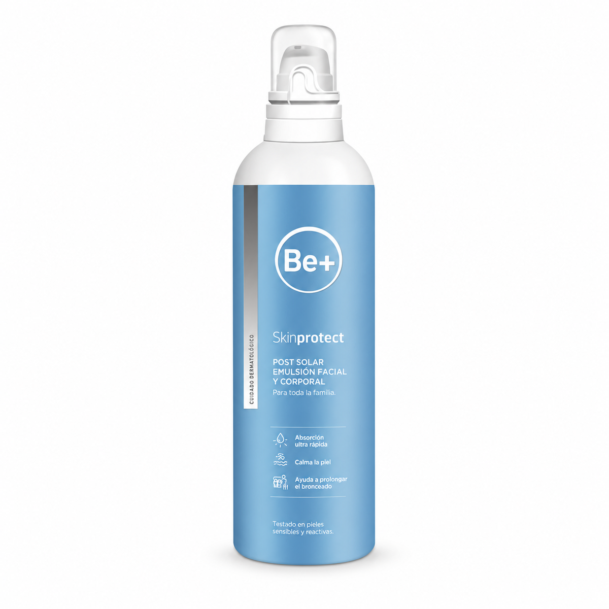 Frasco azul con dosificador de Be+ Skinprotect Emulsión Post Solar.